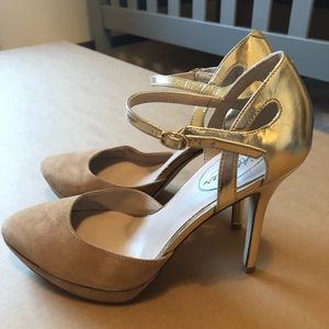 L’Atelier gold heels w/ suede toe- Size 8